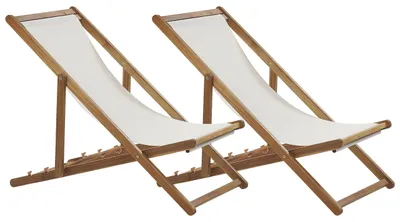 Produktbild von BELIANI Liegestuhl 2er Set Hellbraun Akazienholz mit Cremeweißen Bezug Klappbar Balkon Terrasse