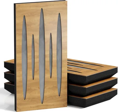 Obrázok produktu pre Sada 10 kusov úzkych akustických panelov PULSAR-F, materiál: zamat, rozmer: 50 x 25 cm, farba: dub/sivá