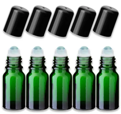 Produktbild von 5x Grüne Glasflasche 10 ml Roll-On mit schwarzem Verschluss Leer 18 mm