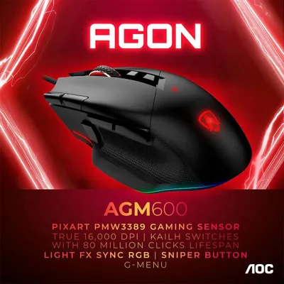 Zdjęcie produktu dla AOC AGON AGM600, Po prawej stronie, Optyczny, USB Typu-A, 16000 DPI, 1 ms, Czarny