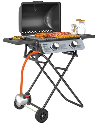 Produktbild von Outsunny Gasgrill 5,6 KW Grillwagen inkl 2 Edelstahl-Brenner Seitenablagen Rolle