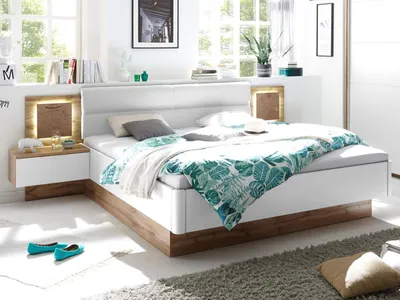 Produktbild von Bett Bettanlage Doppelbett Bettgestell Bettrahmen Ehebett "Constantin I" Wildeiche / Weiß / Absetzung Hirnholz
