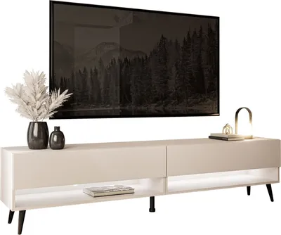A modern TV stand with a large TV mounted above it.