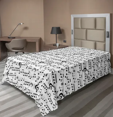 Produktbild von ABAKUHAUS Musik Bettlaken, Abstrakt Kunst Professionell Musik Muster Mit Noten Und Clef Blatt Spiel Schreiben, weiches bequemes oberes Bettlaken für ein dekoratives Bett 1 Stück 190 cm x 100 cm, Weiß Schwarz