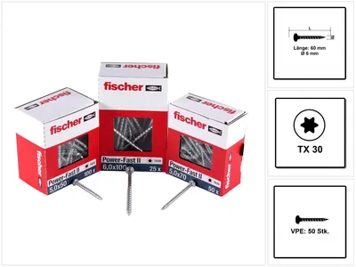Produktbild von fischer Spanplattenschraube PowerFast FPF II PTF 6,0 x 60 BC 50 Panhead mit Innenstern TX Vollgewinde galvanisch verzinkt, blau passiviert, 50 Stück