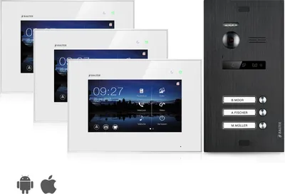 Produktbild von Video Türsprechanlage mit Smartphone App für 3 Familienhaus, Schwarz, 3x Monitore, Balter EVO WLAN