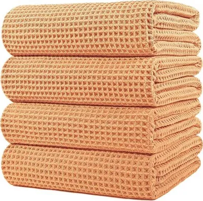 Produktbild von Unyqoos® Mikrofaser-Badetuch-Set – 4er Pack, fusselfrei & schnelltrocknend, Waffelstruktur, Satinrand, groß 152 x 76 cm, Orange, Luxusgewicht >429 g/m²