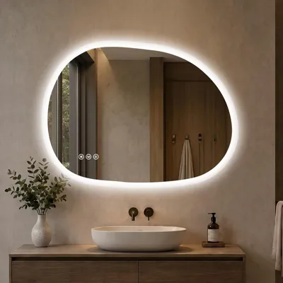 Image de Miroir de salle de bain éclairé S'AFIELINA, 60x80 cm, miroir LED asymétrique, sans cadre, 3 couleurs de lumière, variateur d'intensité, anti-buée, fonction mémoire