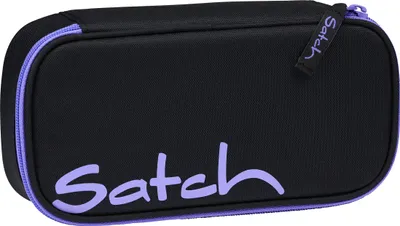 A black pencil case with purple trim and lettering.