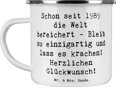 Produktbild von Mr. & Mrs. Panda wandertasse Spruch 1989 Geburtstag - Weiß - Geschenk, Pott, Familie, Emaille Tasse, Teebecher, Glückwunsch, Outdoor, Freund, Welt bereichern, Teetasse