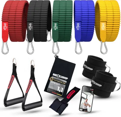 Produktbild von Fitnessbänder Set mit 5 Widerstandsbändern, verschiedene Stärken (4,5-22,7kg), inkl. Zubehör
