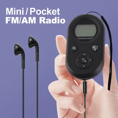 Imagen del producto de Radio de bolsillo negra con pantalla LCD retroiluminada y batería recargable de 500mAh. Radio AM/FM portátil