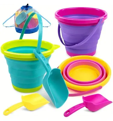 Produktbild von Strandspielzeug-Set für Kinder - Faltbare Eimer - 3er-Pack - Mit Schaufeln - Mit Netzrucksack - Für Sandspiele