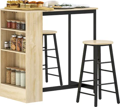 Image de HOMCOM Ensemble table de bar avec tabourets, table à manger debout avec 2 chaises de bar avec compartiments ouverts, étagère réglable et repose-pieds, pour pour salle à manger, cuisine, chêne et noir