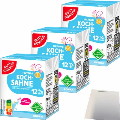 Produktbild von Gut & Günstig haltbare Kochsahne 12% Fett 3er Pack (3x200g Packung) + usy Block