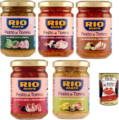 Produktbild von Rio Mare Pesto al Tonno Sortenmix 5 x 130g Basilikum Pinienkerne Aubergine Tomate Mandeln Pecorino Oliven Pistazien Zitrone Pastasauce Set + Italian Gourmet polpa