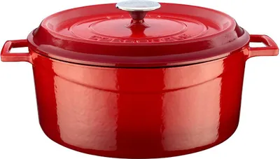 A red enameled cast iron pot with a lid, shown from a slightly elevated front-facing angle against a white background.
