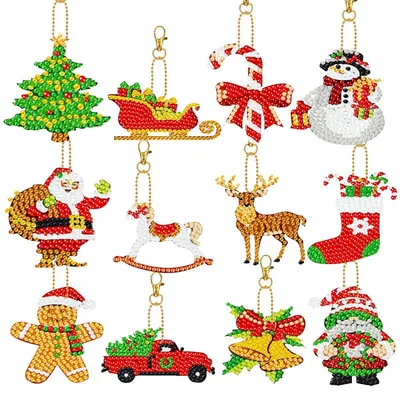 Produktbild von Diamond Painting Weihnachten Set 12 Stück Schlüsselanhänger Kinder Beidseitig DIY Diamantmalerei Anhänger Weihnachtsbaum Deko Adventskalender
