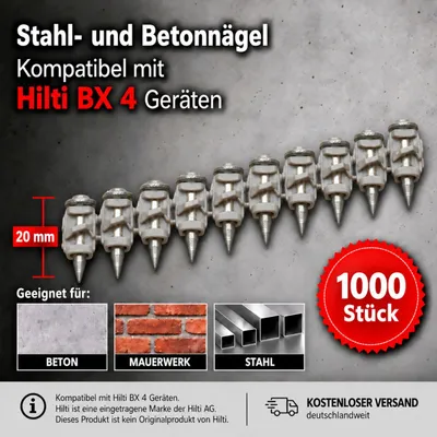 Imagen del producto de 1000 clavos compatibles con Hilti BX 4 de 20 mm – clavos para hormigón, clavos de acero