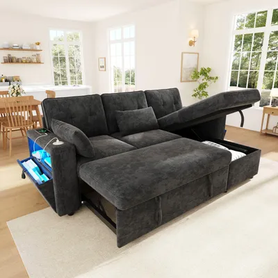 Produktbild von Merax L-förmiges 3-Sitzer Ecksofa mit Schlaffunktion, wechselbare Ottomane, Stauraum, USB Type-C, LED-Beleuchtung, Armlehnenfach, Chenille, Grau