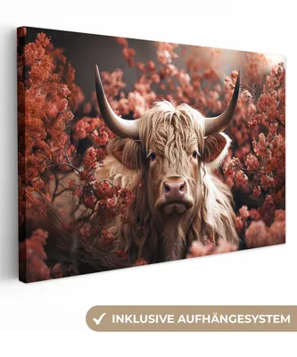 Produktbild von MuchoWow® - Leinwandbilder - Schottische Highlander - Tier - Natur - Blumen - Botanisch, Wandbild, Wanddeko Bilder Wohnzimmer, 120x80cm