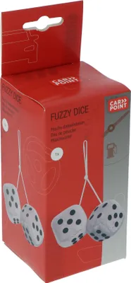 A product box for fuzzy dice, showing the dice hanging from strings.
