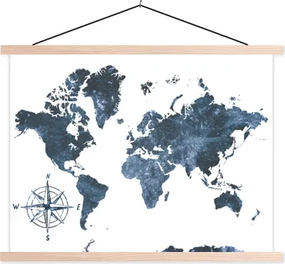 Produktbild von MuchoWow® Textilposter Weltkarte - Blau - Weiß 40x30 cm mit holzfarbenen Rahmen - Bilder