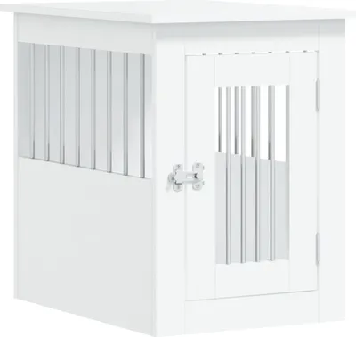 A white wooden dog crate with a slatted door and side panel, shown from the front.