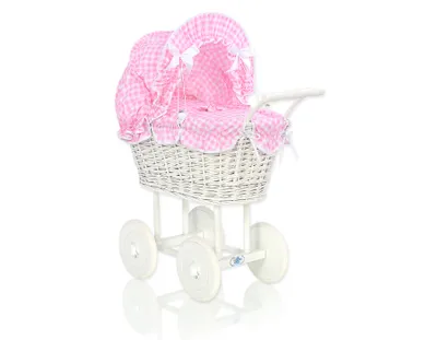 Immagine prodotto di Seggiolone per bambole in vimini con lenzuola e imbottitura rosa - bianco