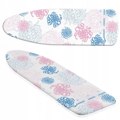Two views of a floral-patterned ironing board cover.