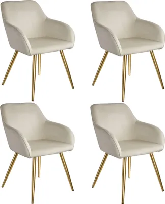 Four cream-colored dining chairs with gold legs are arranged in a grid on a white background.