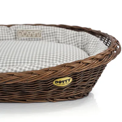 Produktbild von Handgebeizter brauner Weidenkorb Wikikorb mit Baumwoll-Hundebett – Beige mit Karo – Waschbar & Weich – DOTTY