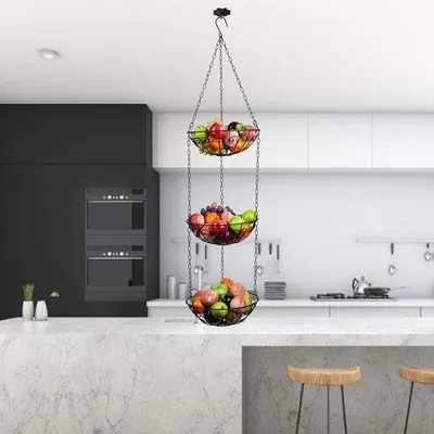 Immagine prodotto di Portafrutta da appendere, portafrutta da appendere a 3 ripiani, portafrutta da cucina da 115 cm per avere più spazio sul piano di lavoro, portafrutta in metallo, nero