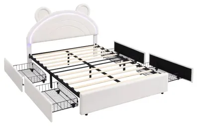 Image de Lit bébé - Lit rembourré - 140 x 200 cm - Velours - Beige - Tête de lit en forme d'ours - 4 tiroirs de rangement intégrés
