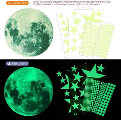 Immagine prodotto di Adesivi murali luminosi e romantici a forma di stelle e luna, realistici, facili da applicare.