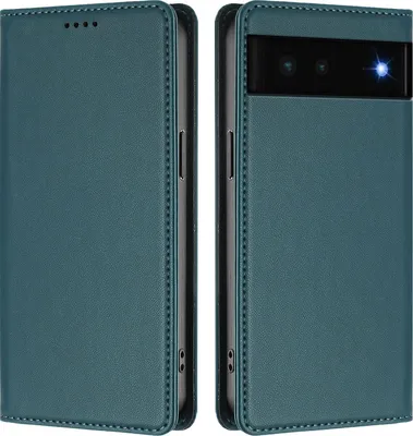 Image de Étui en cuir pour Google Pixel 6, étui à rabat magnétique en cuirPolyuréthaneavec support, vert