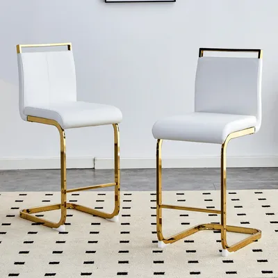Produktbild von MODFU Barhocker 2er-Set Weiß,Küchenstuhl mit goldenen Metallbeine auf horizontalem Balken,Loungesessel mit Sitzkissen und Rückenlehne,für Esszimmerstühle,Bürostuhl