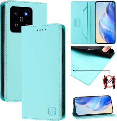 Produktbild von Lederhülle für Xiaomi 14 Hülle Flip Brieftasche Kartenfächern Ständer Schutzhülle Türkis