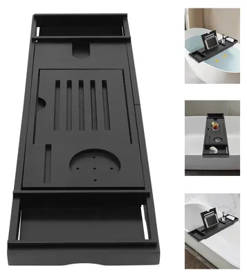 Image de Étagère de salle de bain noire en bambou pour baignoires autoportantes