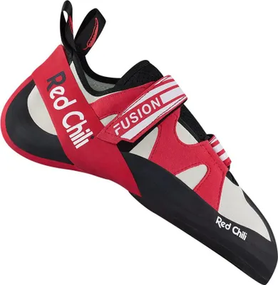 Kletterschuh Fusion von Red Chili in Rot und Schwarz mit Klettverschluss.