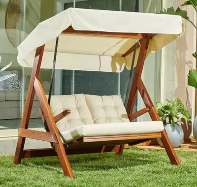 Produktbild von Casa Padrino Luxus Hollywood Schaukel Cremefarben / Braun - Moderne Wetterfeste Garten Schaukel mit Sonnendach - Terrassen Möbel - Garten Möbel
