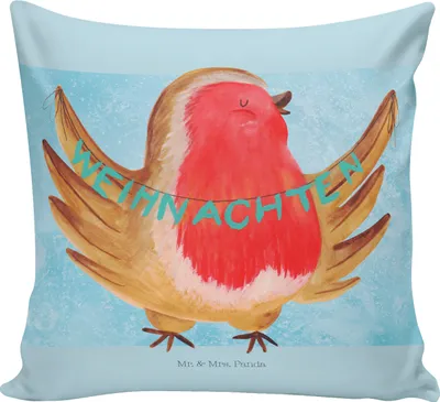 Produktbild von Mr. & Mrs. Panda Dekokissen Rotkehlchen Weihnachten - Eisblau - Geschenk, kissen für sofa, 40x40, wohnzimmer, Vogel, Kuschelkissen, Weihnachtsgruß, Winter, Heiligabend