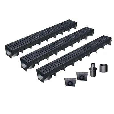 Produktbild von MEAPARK Entwässerungsrinne 3er-Set, 3 x 1 m, mit schwarzem Polyamidrost und Zubehör, für Terrassen, Pools, Einfahrten und Fußgängerzonen