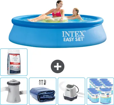Produktbild von Intex runder aufblasbarer Easy Set-Schwimmpool – 244 x 61 cm – Blau – inklusive Pumpe Sonnensegel - Salzwassersystem - Filter - Poolsalz