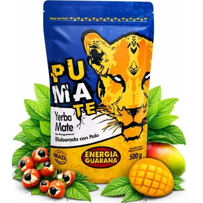 Obrázek produktu pro Čaj Yerba Mate PumaTe Energia Guarana 500 g – čaj Yerba Mate Elaborada s listy paló a guaranou – sypaná směs čaje Yerba Mate z Brazílie – veganský