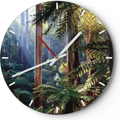 Produktbild von Wanduhr - Rund - Glasuhr - Morgendämmerung Bäume Wald - 40x40cm - Schleichendes Uhrwerk - Lautlos - zum Aufhängen bereit - Dekoration Modern - Wanddekoration aus Glas - C3AR40x40-4403
