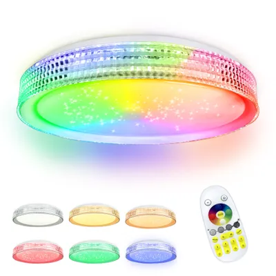 Produktbild von XMTECH LED Deckenleuchte Dimmbar mit Fernbedienung, 60W Deckenlampe RGB Farbwechsel Rund, Acryl Strasssteine Sternenhimmel Lampe für Schlafzimmer Küche Kinderzimmer Wohnzimmer, Weiß
