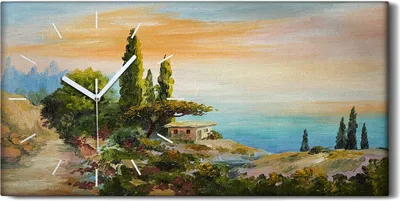 Produktbild von Dekor Leinwand Uhr Wandbilder 60x30 Ölgemälde Bäume Küste Himmel Sonnenuntergang - weiße Hände