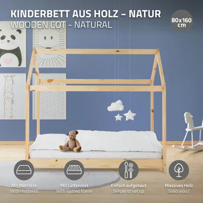 Obrázek produktu pro ML-Design dětská postel 80x160 cm s matrací, stříškou a lamelovým roštem, přírodní, domácí postel z borovicového dřeva podlahová postel dřevěná postel