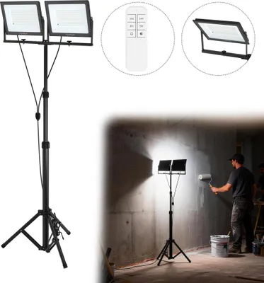 Image de Projecteur LED LARS360 2×200W, lampe d'atelier, éclairage de chantier, éclairage de studio, intensité variable, orientation flexible, trépied réglable en hauteur, télécommande